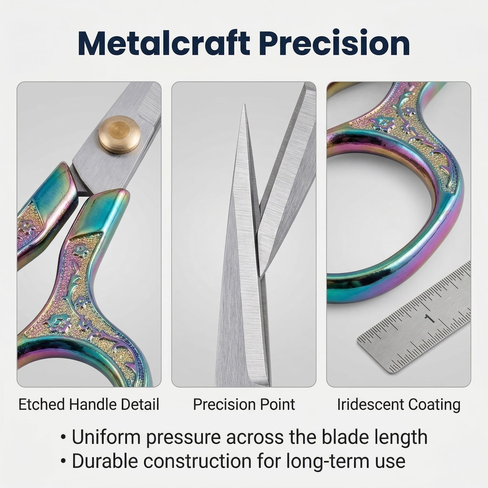 Amazon-style detail panel highlighting precision blades and finish