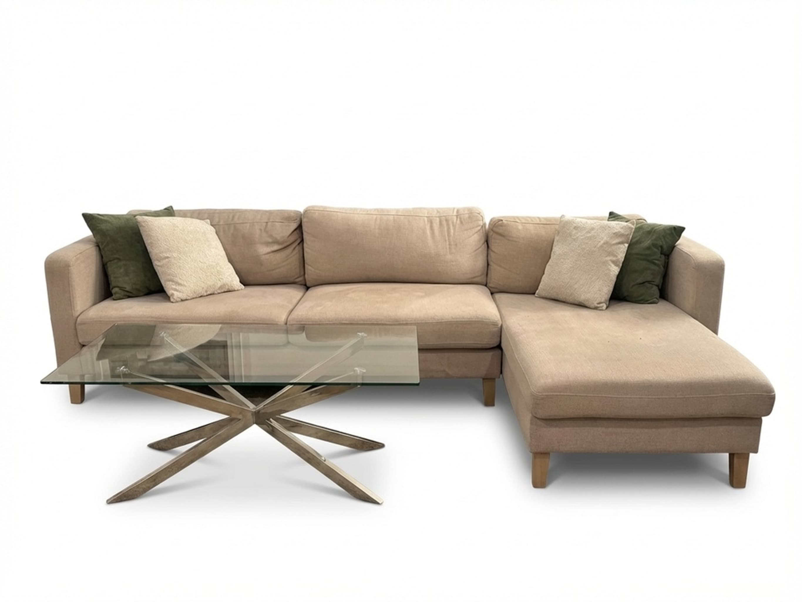 Cream sectional sofa with glass coffee table