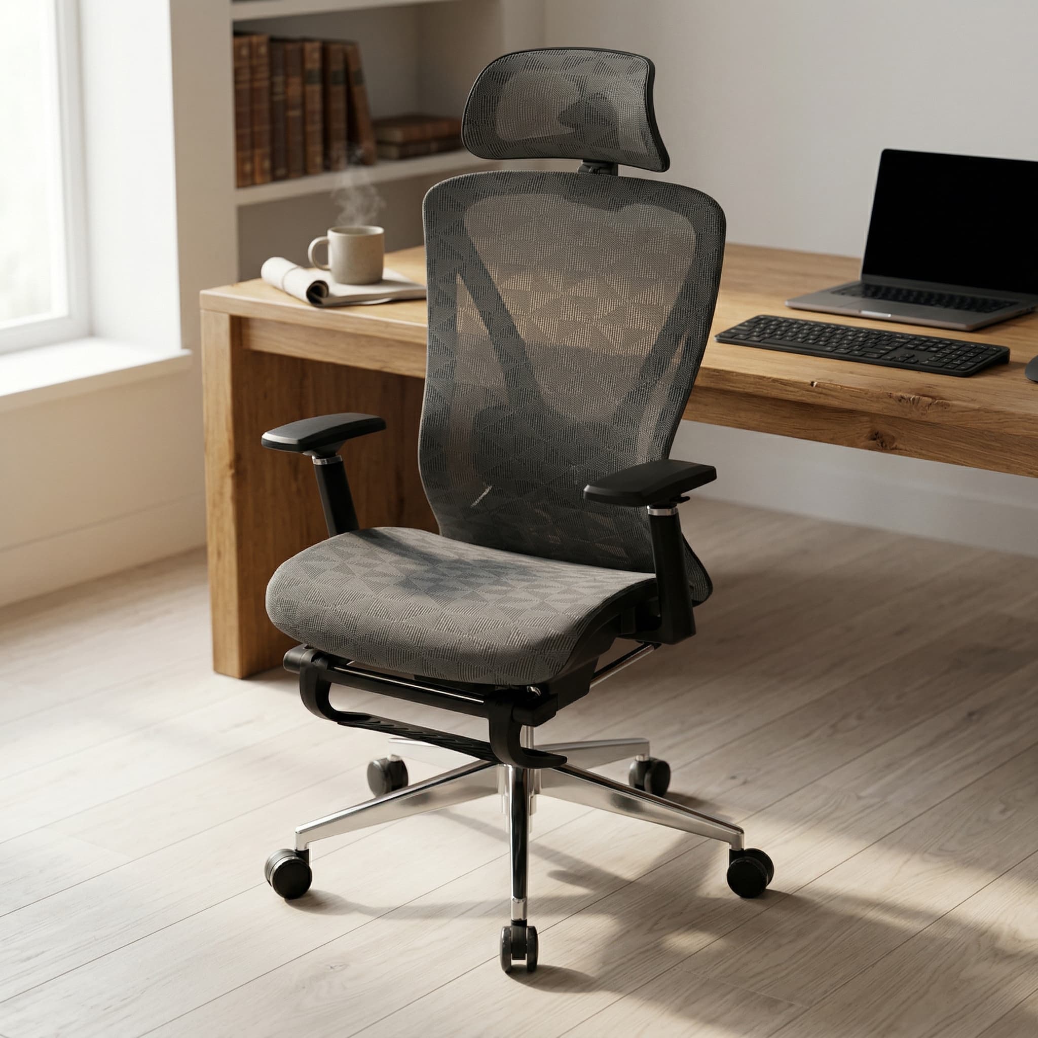 Office chair placed into a warm, modern workspace scene