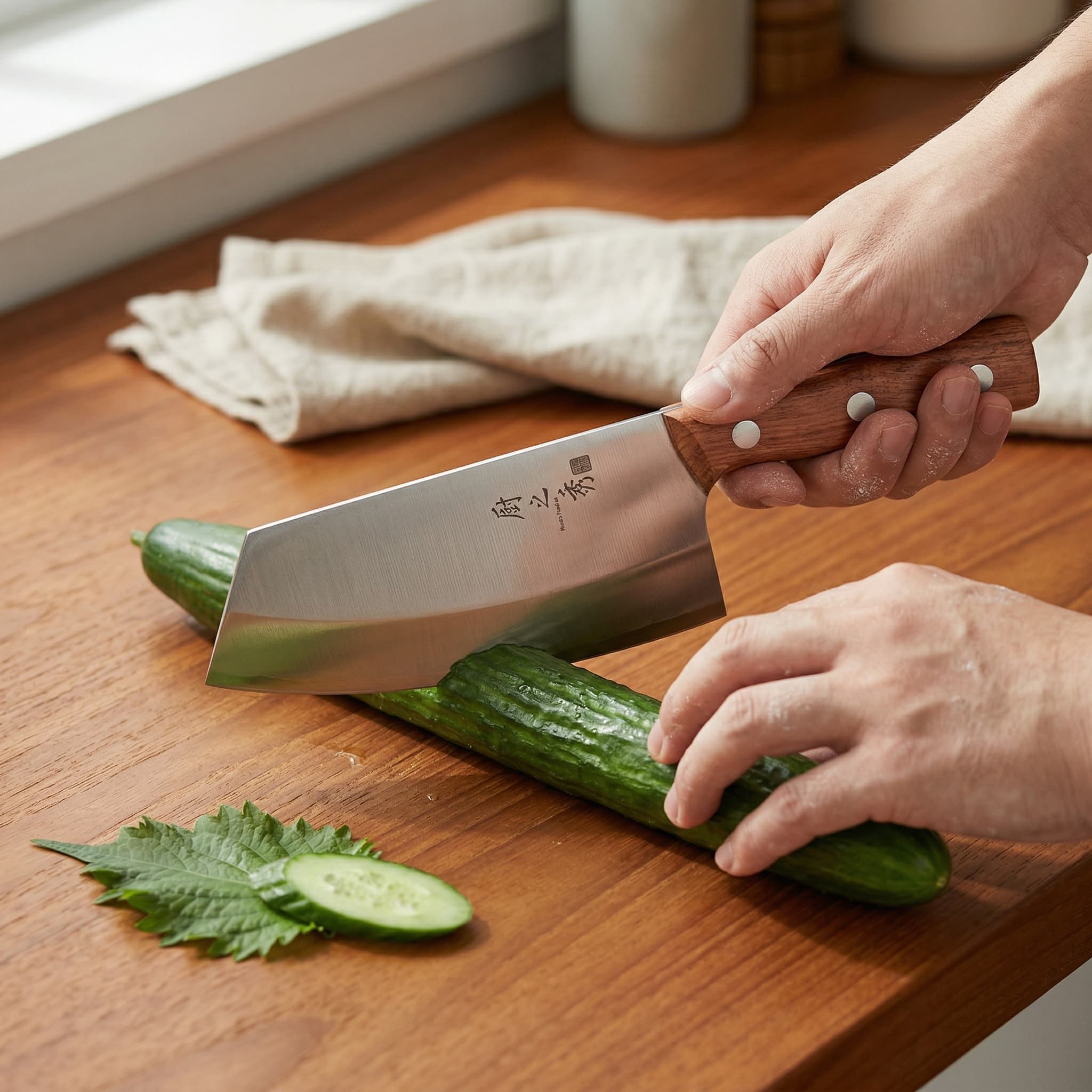 Kitchen knife shown during in-use slicing for PDP storytelling