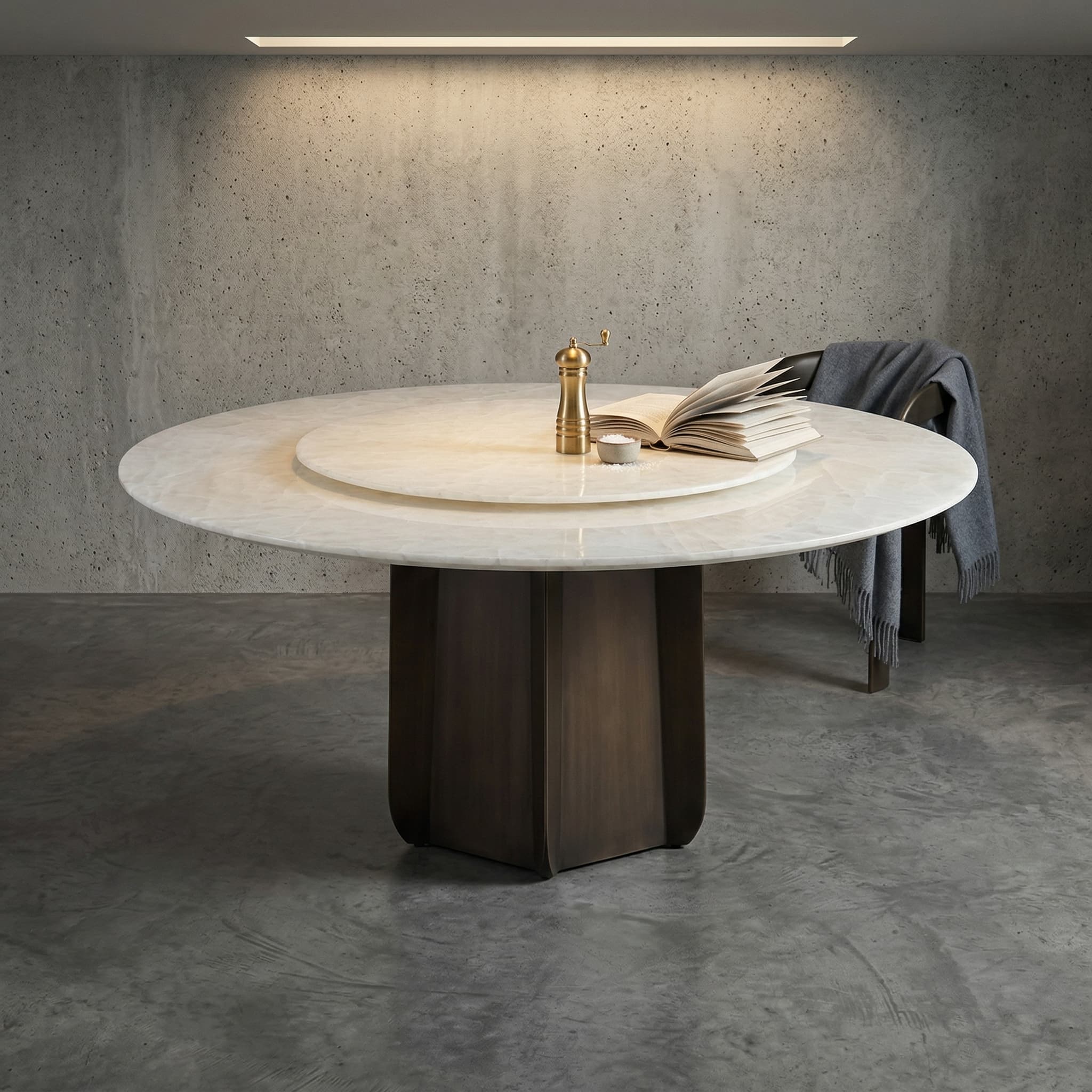 Dining table placed into a dark architectural interior scene
