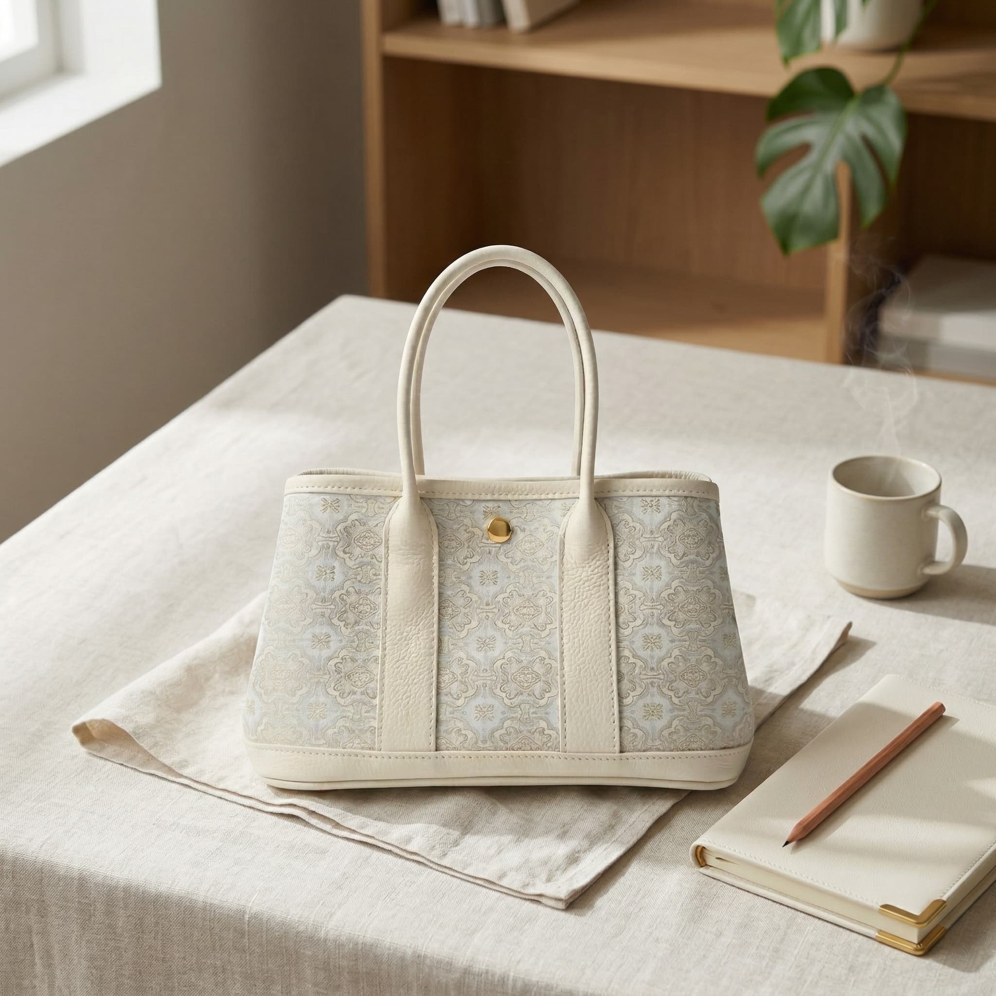 Handbag staged on a soft desk scene for a Shopify hero section