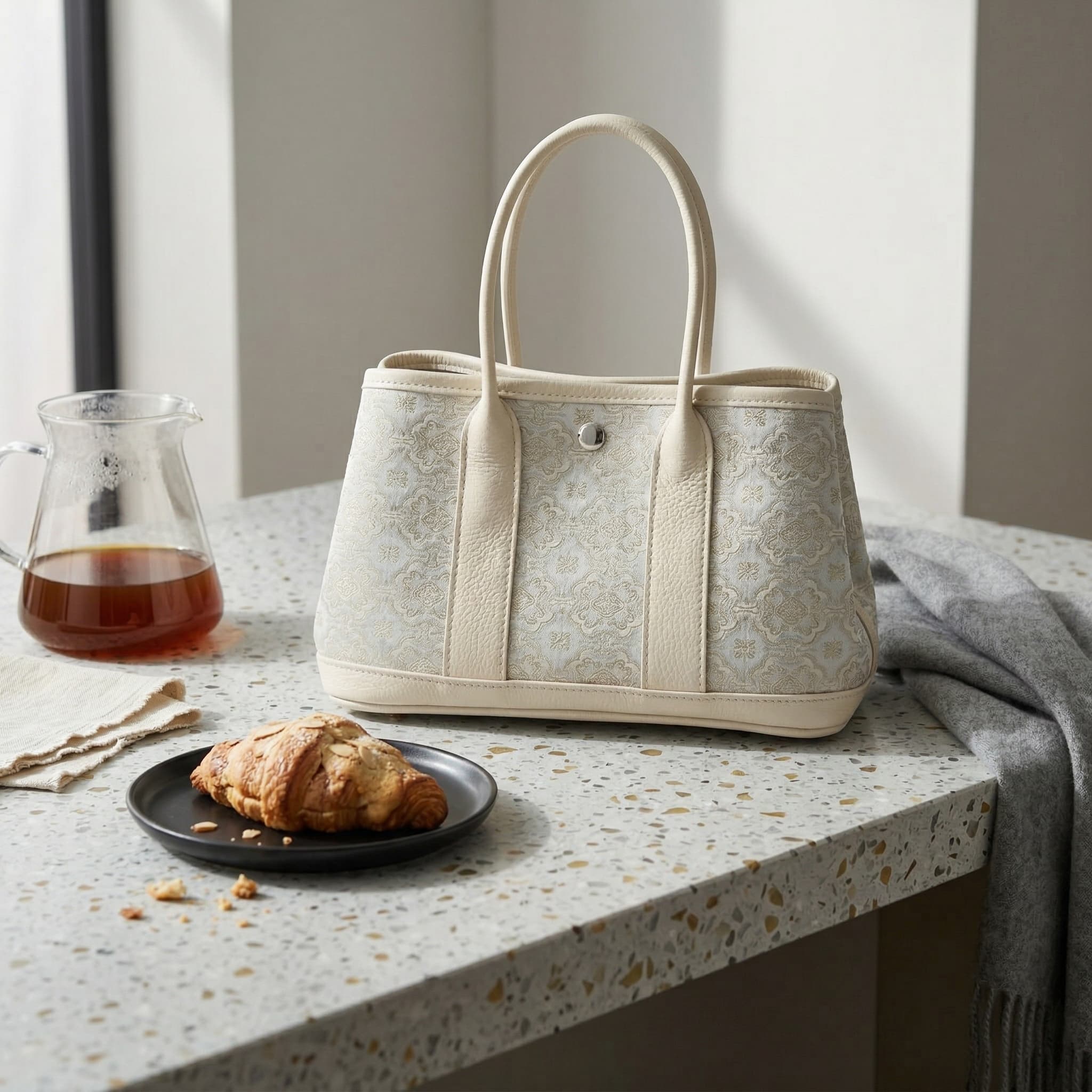 Handbag placed in a soft countertop lifestyle composition