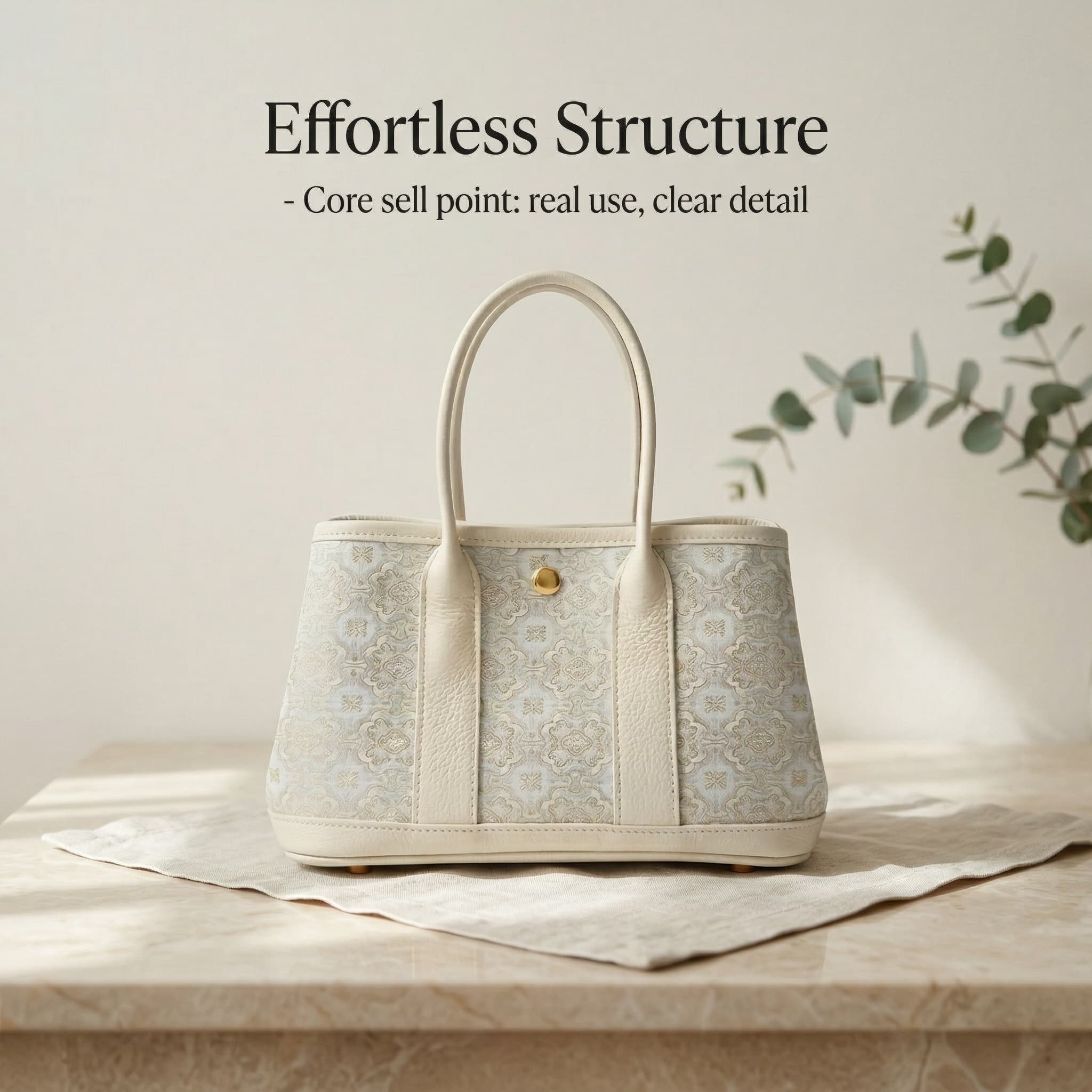 Handbag feature-led hero image with premium callout styling